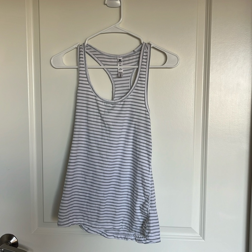 Horizontal striped Racerback tank top in grey and white